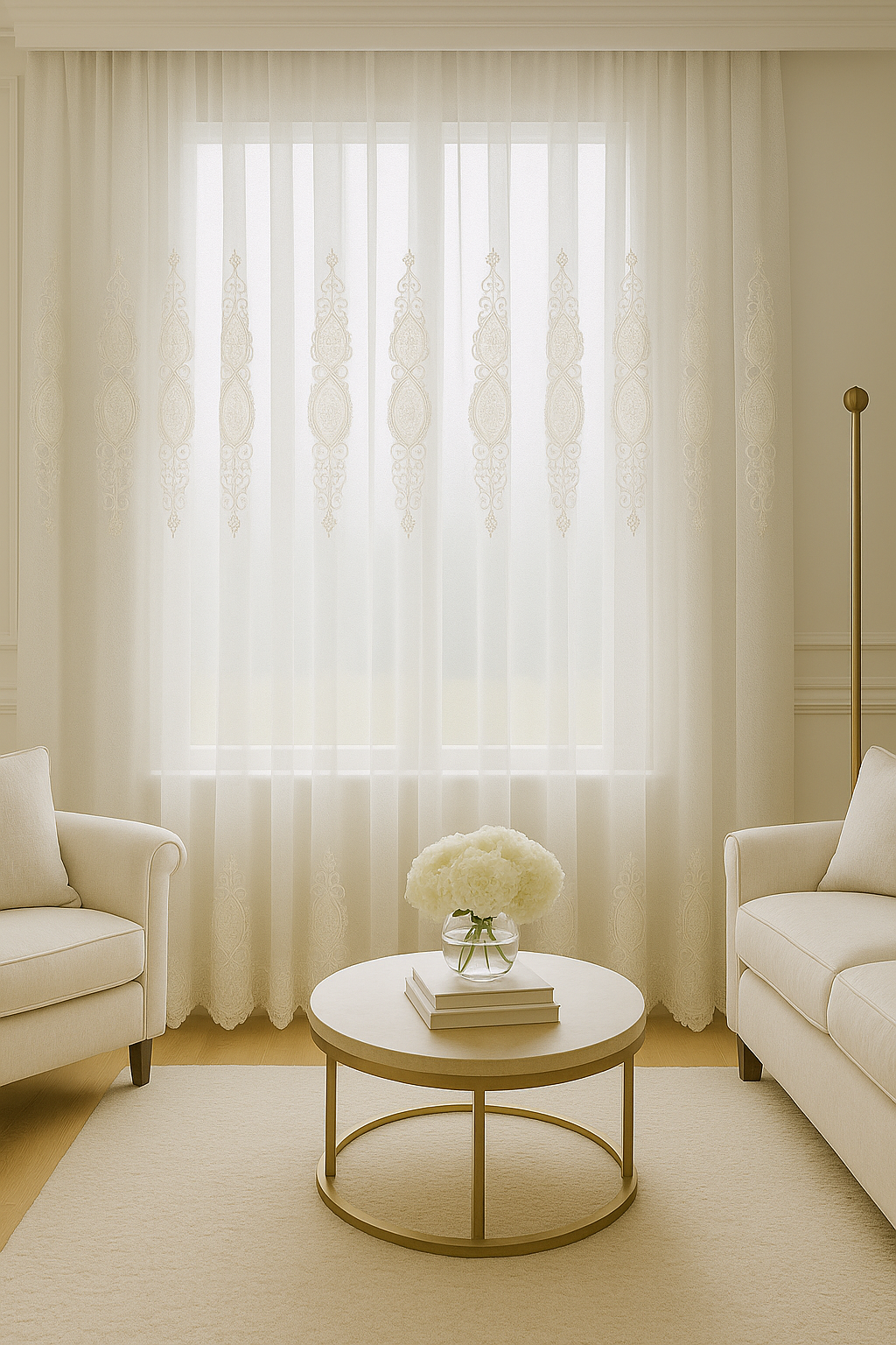 Zarif Beyaz Desenli Tül Perde - Krem Beyaz, Lüks İşlemeli Model