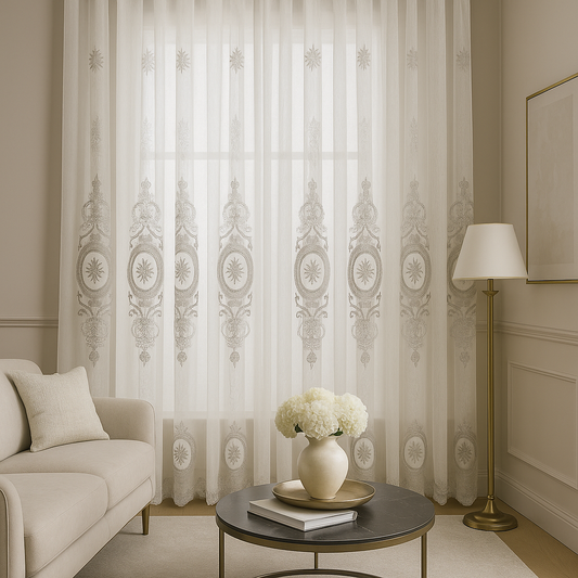 Zarif Klasik İşlemeli Tül Perde – Beyaz Silver Oval Desenli