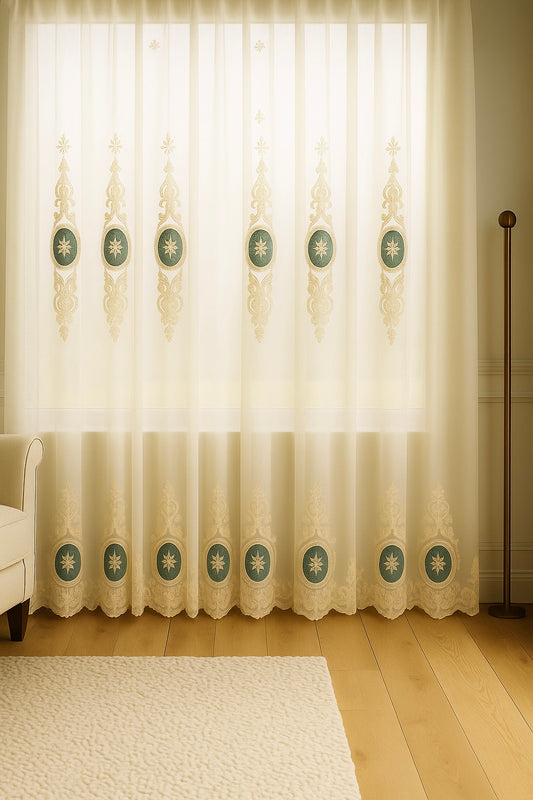 Zarif Klasik İşlemeli Tül Perde – Yeşil Oval Desenli