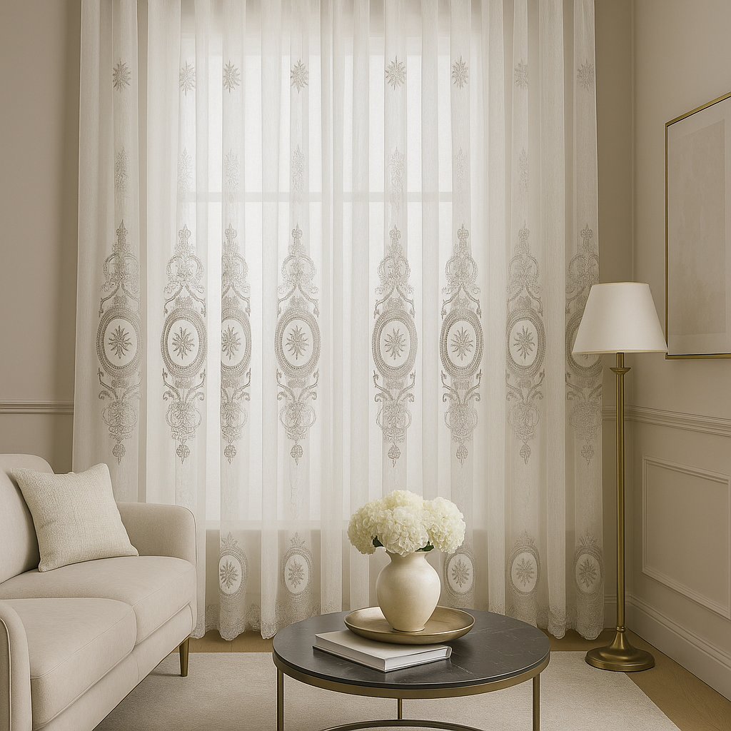 Zarif Klasik İşlemeli Tül Perde – Beyaz Silver Oval Desenli