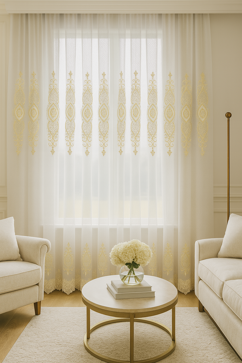 Zarif Altın Desenli Tül Perde - Krem Beyaz, Lüks İşlemeli Model