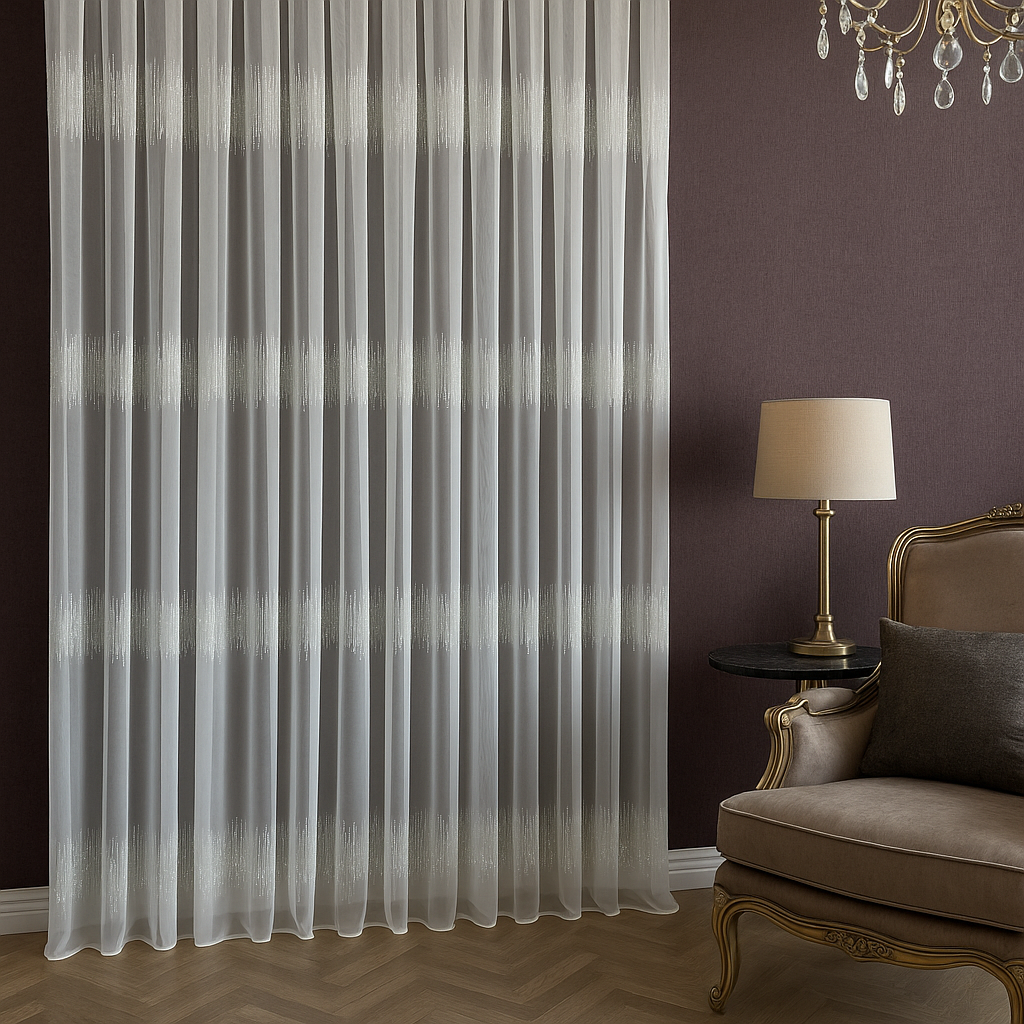 Şerit İşlemeli Nokta Detaylı Zarif Tül Perde